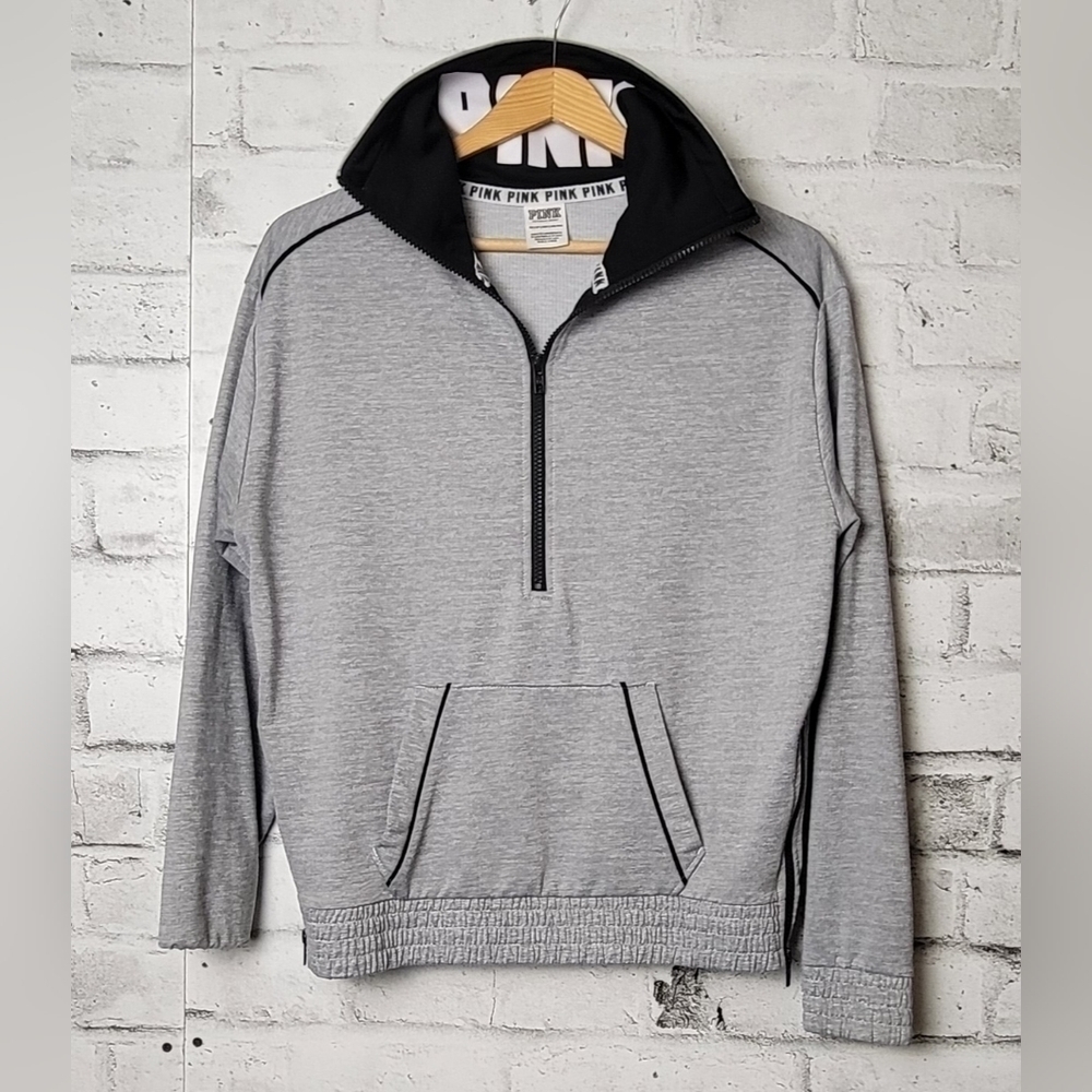 VS PINK Half Zip Hoodie Gray Black Logo Pullover Kangaroo Pocket XS